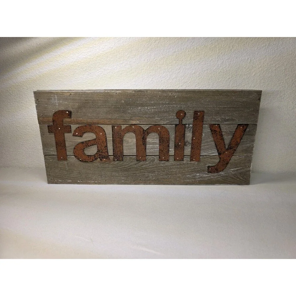 Farmhouse Wood & Metal Family Sign Distressed Country Wall Decor Shelf Sitter